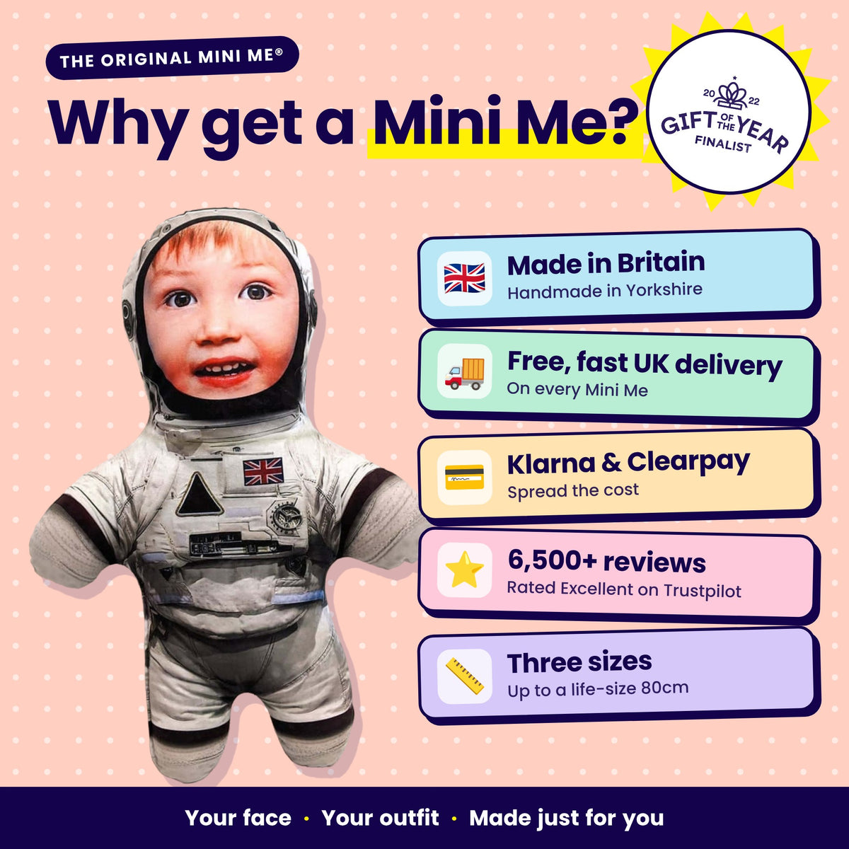 Why get a Mini Me? Made in Britain, free fast UK delivery, Klarna and Clearpay, 6,500+ reviews, three sizes, Gift of the Year finalist