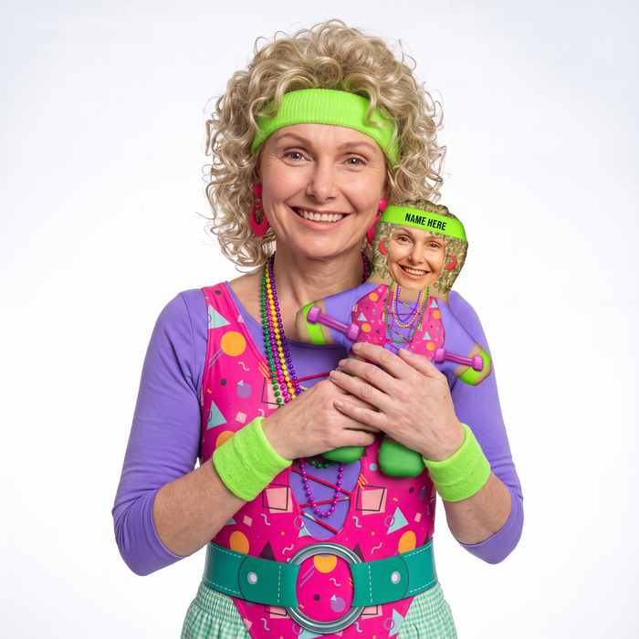 80s Gym Spandex Babe - small 26cm Mini Me held by its owner