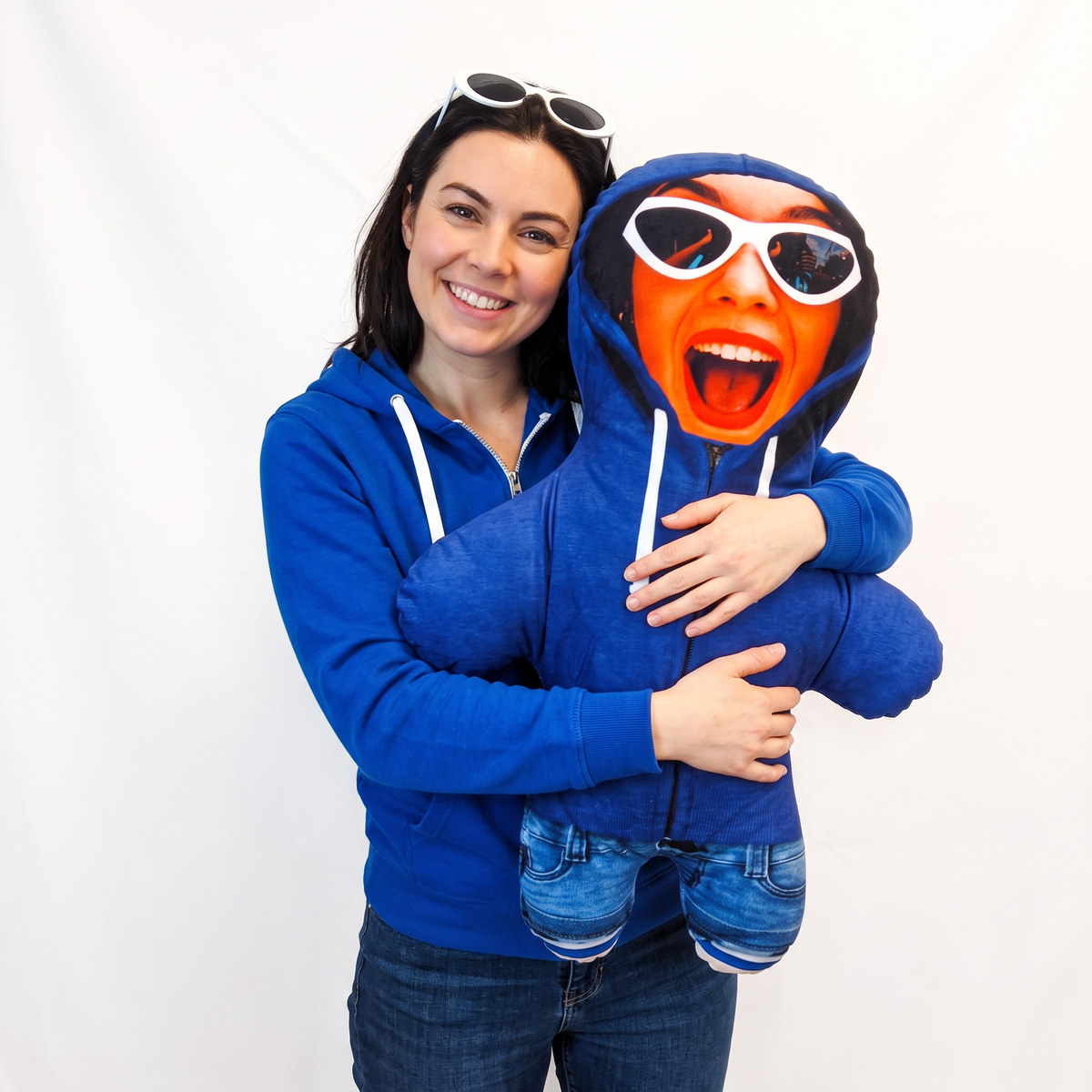 Blue Hoodie - large 80cm Mini Me held by its owner