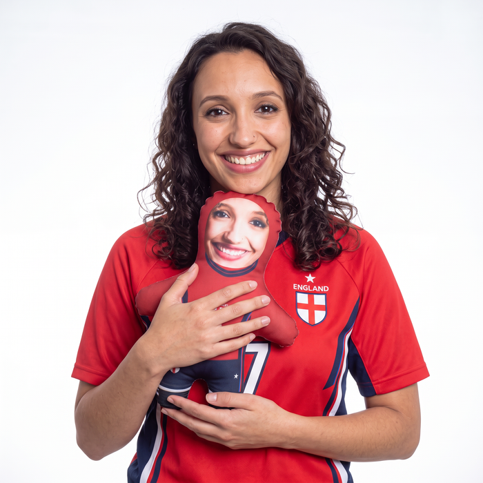 England Kit - Red - Add Your Name And Number - small 26cm Mini Me held by its owner