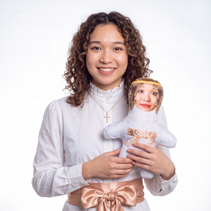 Angel - small 26cm Mini Me held by its owner