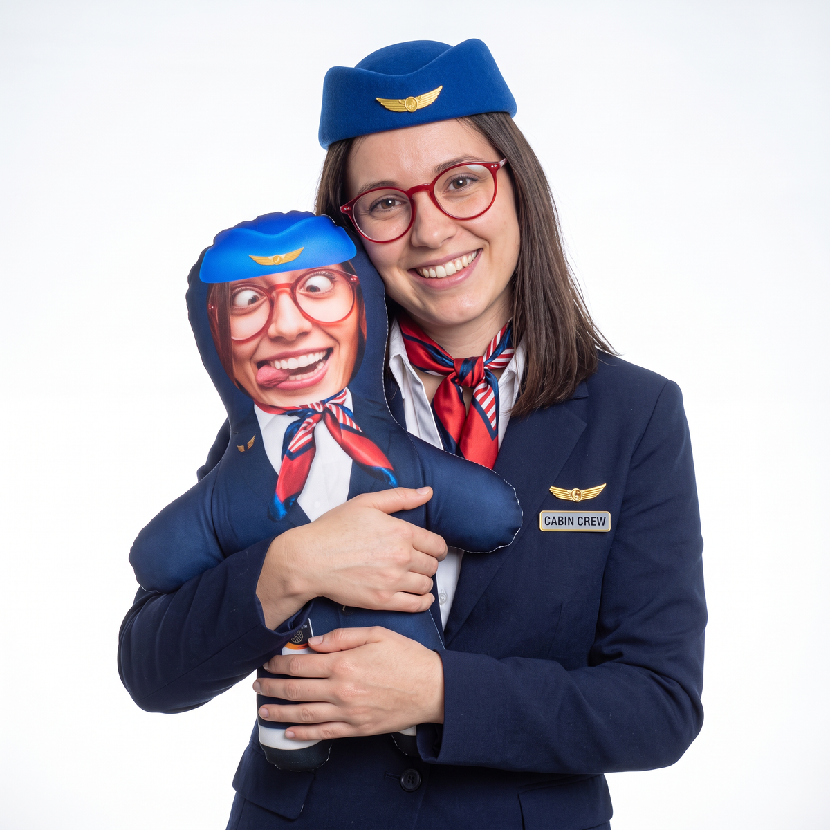 Cabin Crew - 3 Scarf Options - medium 46cm Mini Me held by its owner