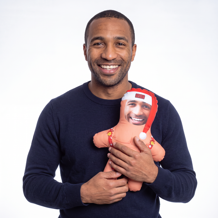 Christmas Mankini - Two Variants - small 26cm Mini Me held by its owner