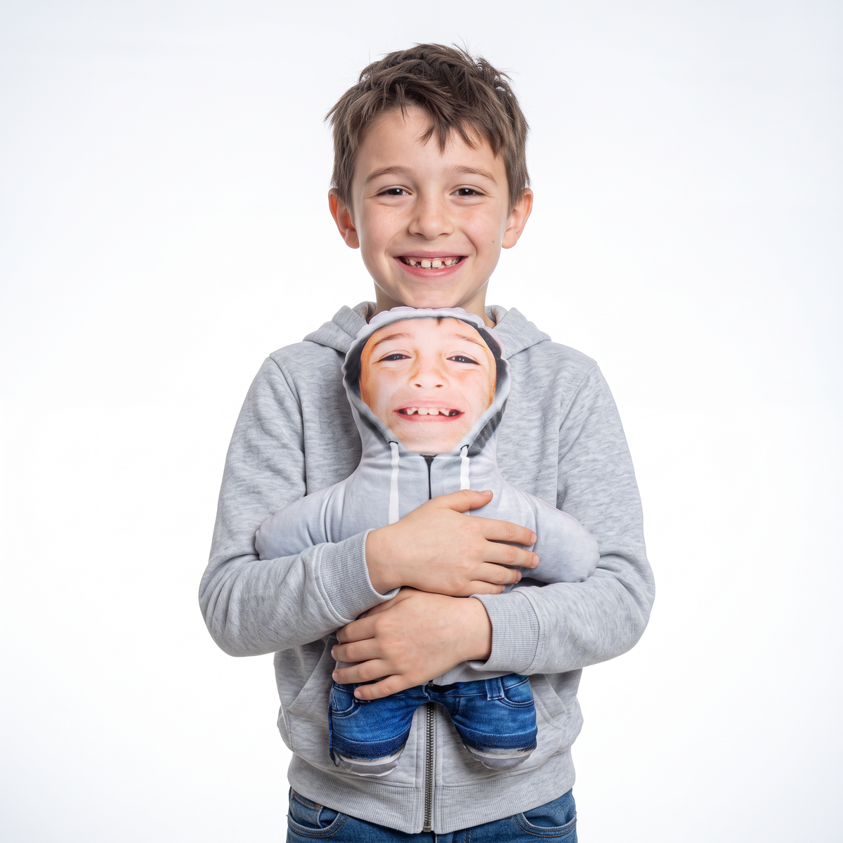Grey Hoodie - medium 46cm Mini Me held by its owner