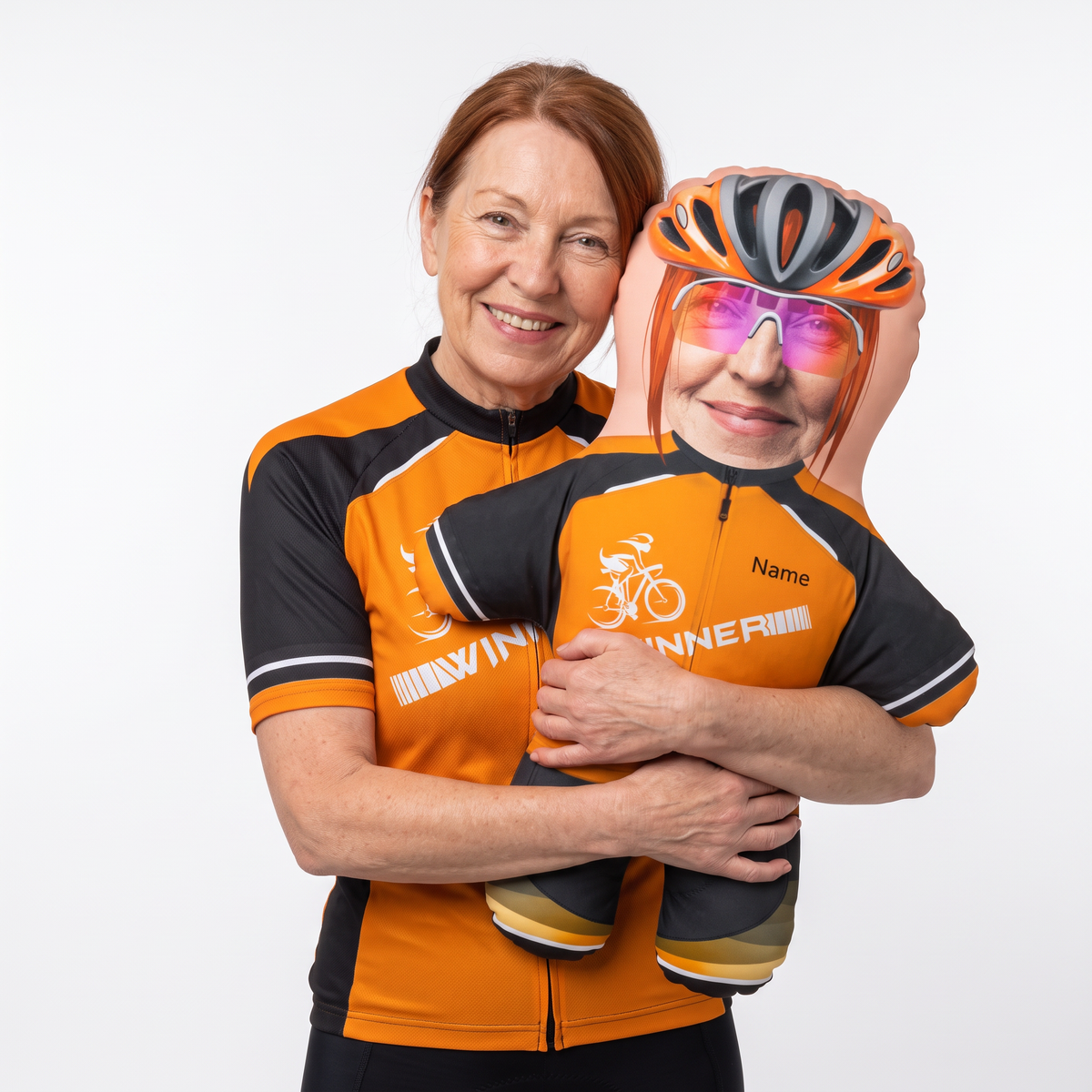 Cyclist - Winner - large 80cm Mini Me held by its owner