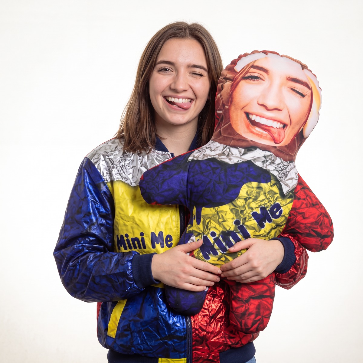 Chocolate Egg - large 80cm Mini Me held by its owner