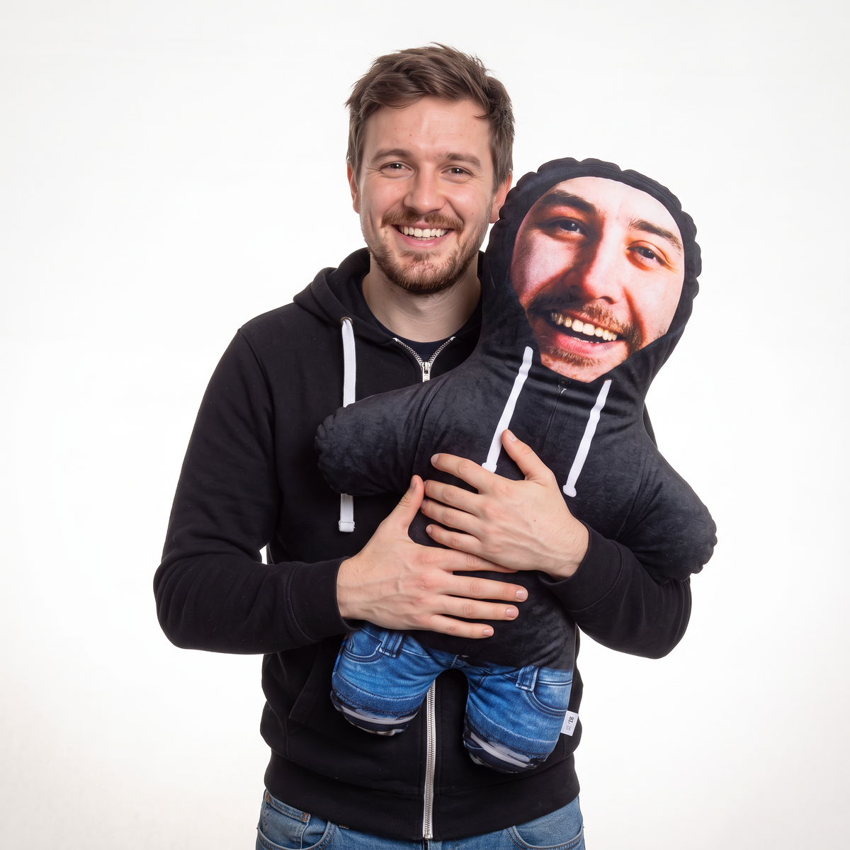 Black Hoodie - large 80cm Mini Me held by its owner
