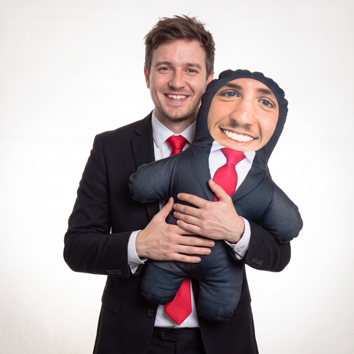 Black Suit Red Tie - large 80cm Mini Me held by its owner