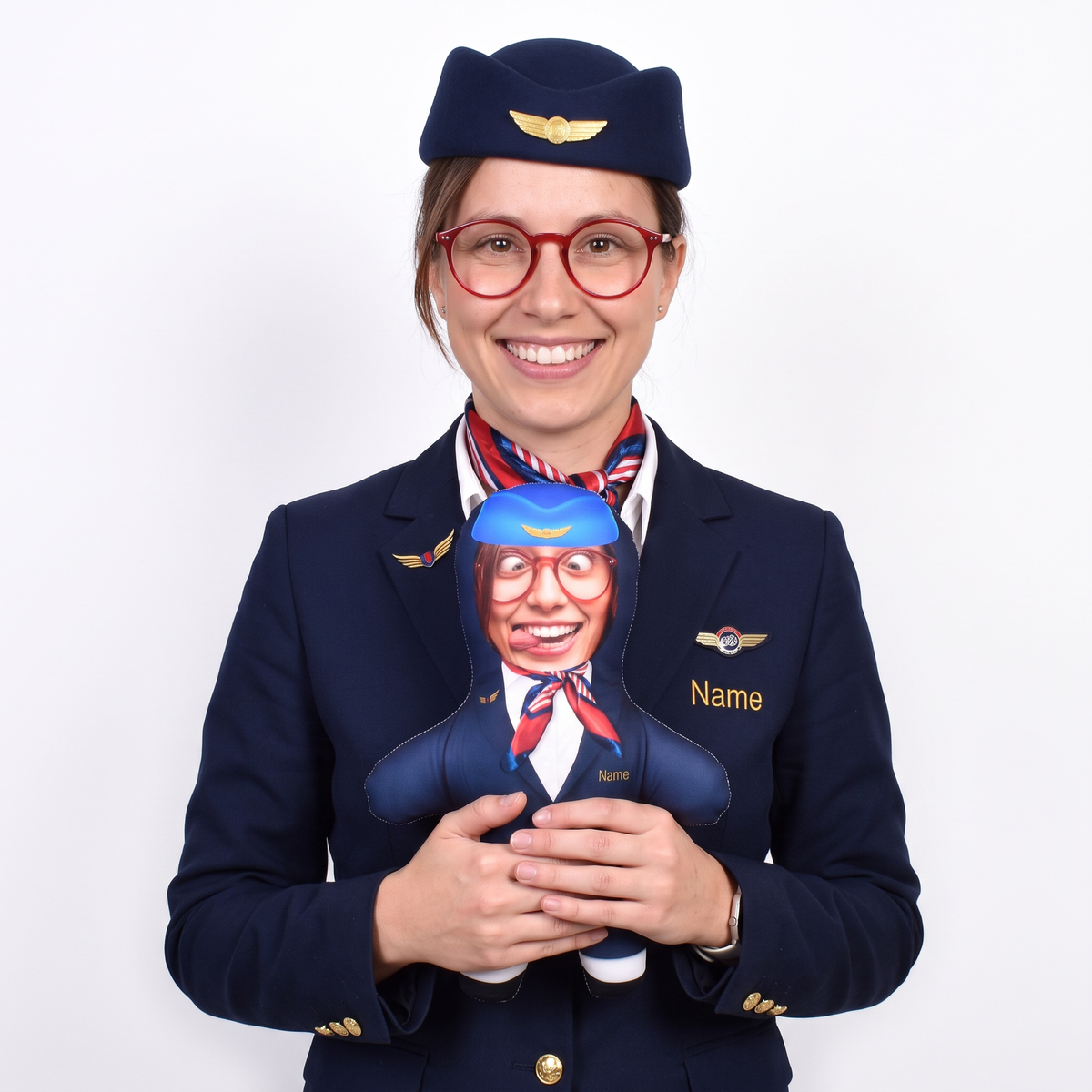 Cabin Crew - 3 Scarf Options - small 26cm Mini Me held by its owner