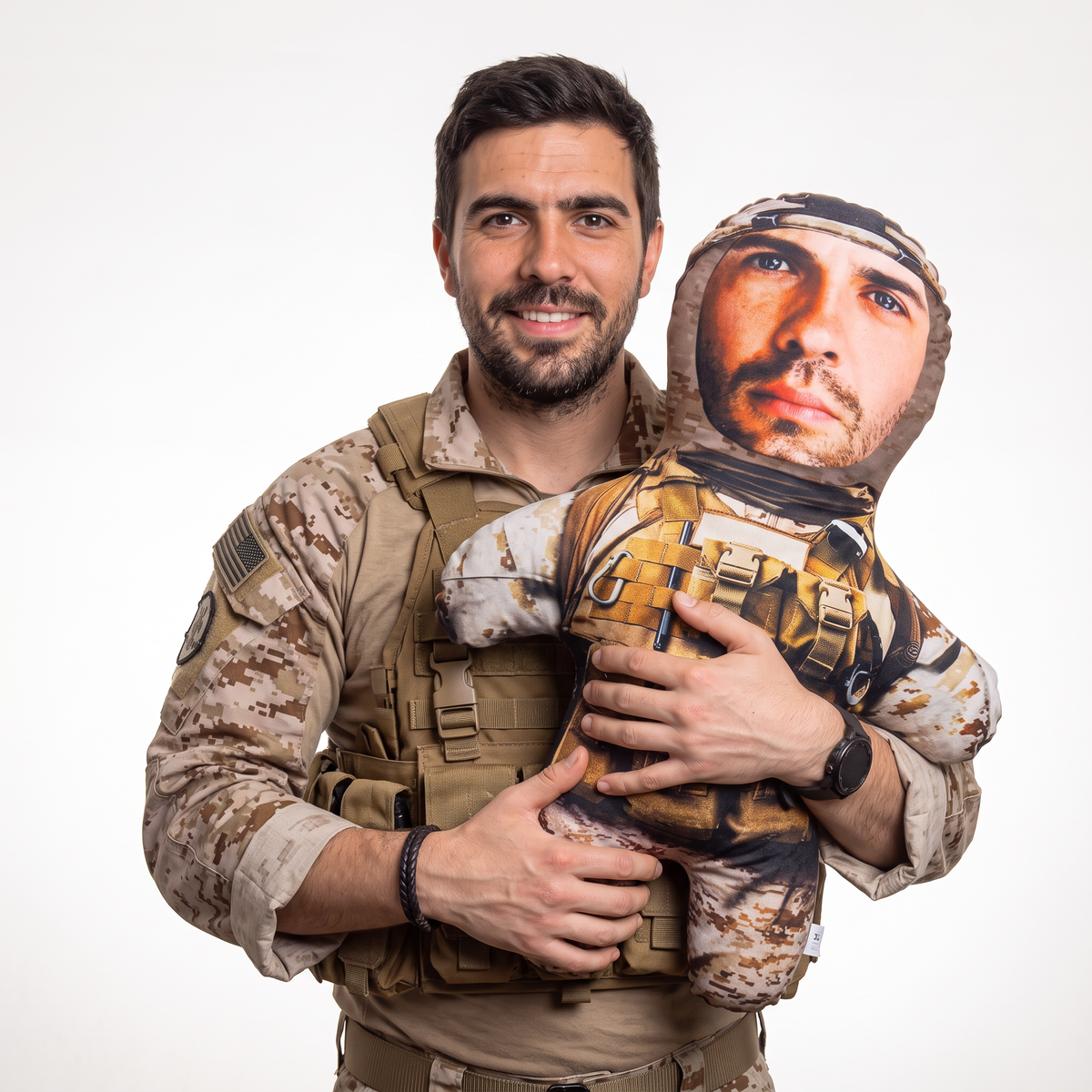 Army - Desert - large 80cm Mini Me held by its owner