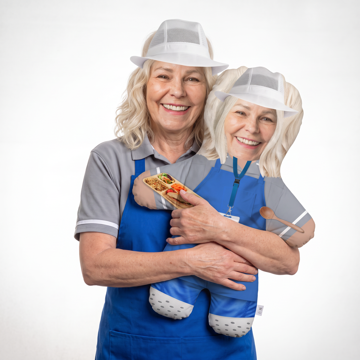 Dinner Lady Or Man - large 80cm Mini Me held by its owner