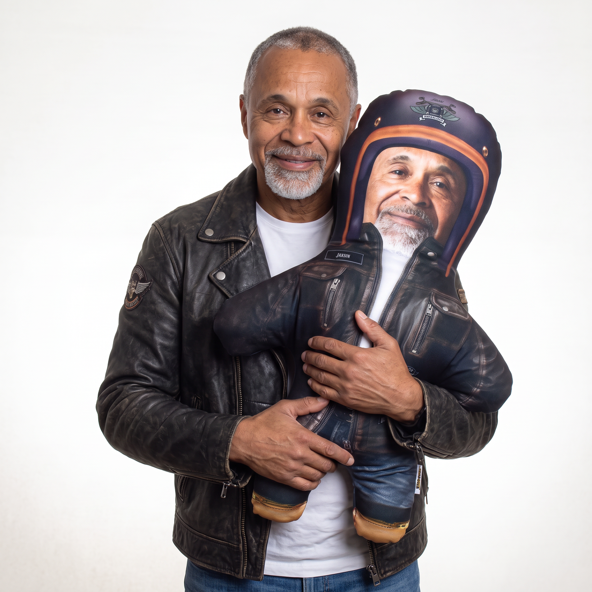 Biker - large 80cm Mini Me held by its owner