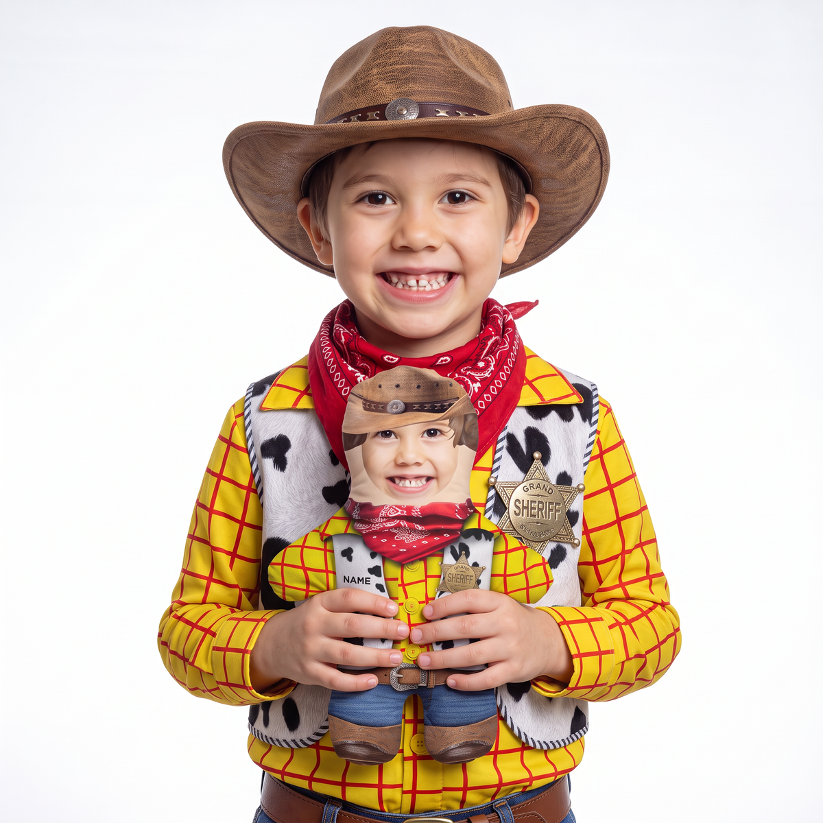 Cowboy - small 26cm Mini Me held by its owner