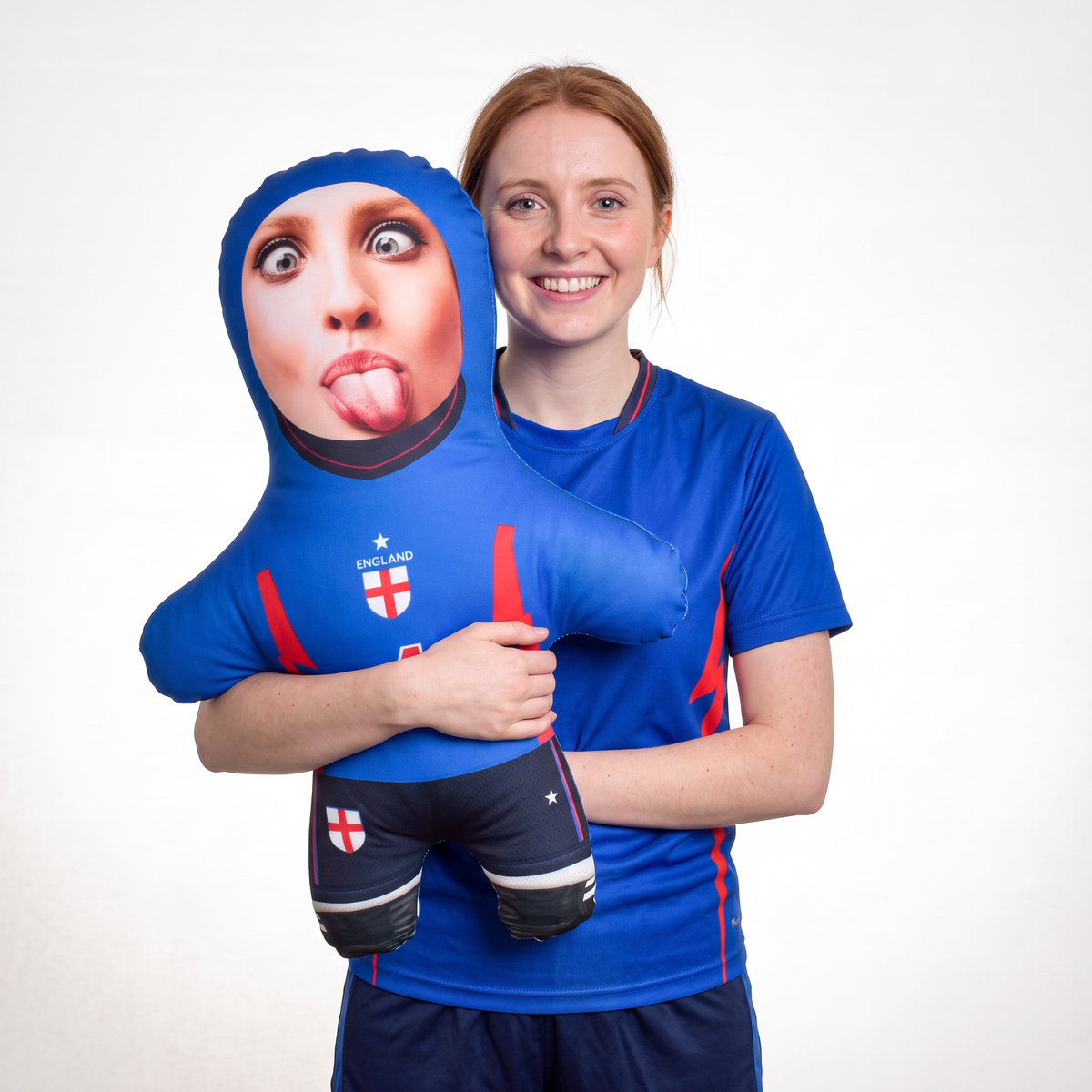 England Kit - Blue - Add Your Name And Number - large 80cm Mini Me held by its owner