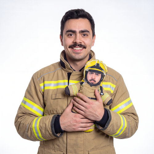 Fireman - small 26cm Mini Me held by its owner