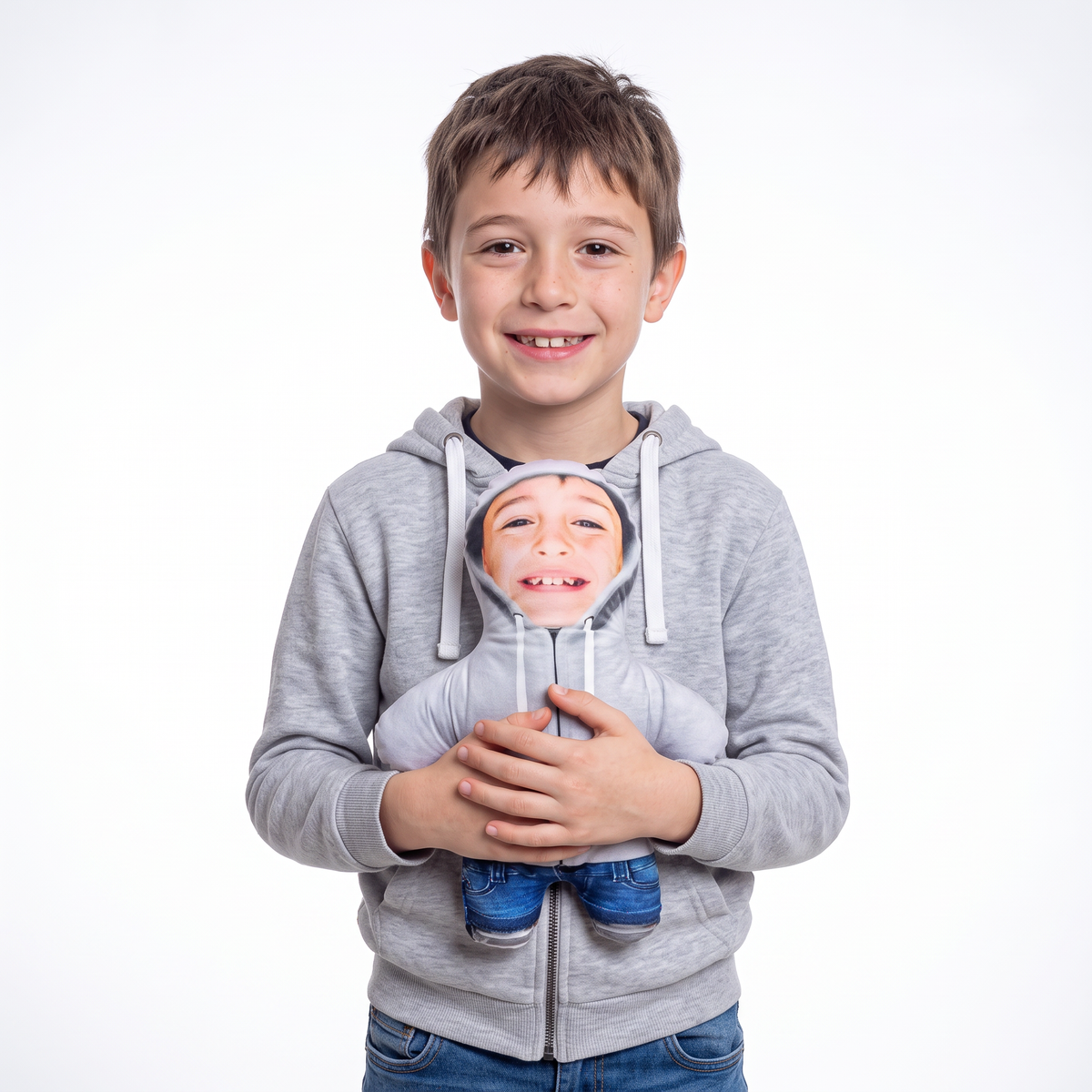 Grey Hoodie - small 26cm Mini Me held by its owner