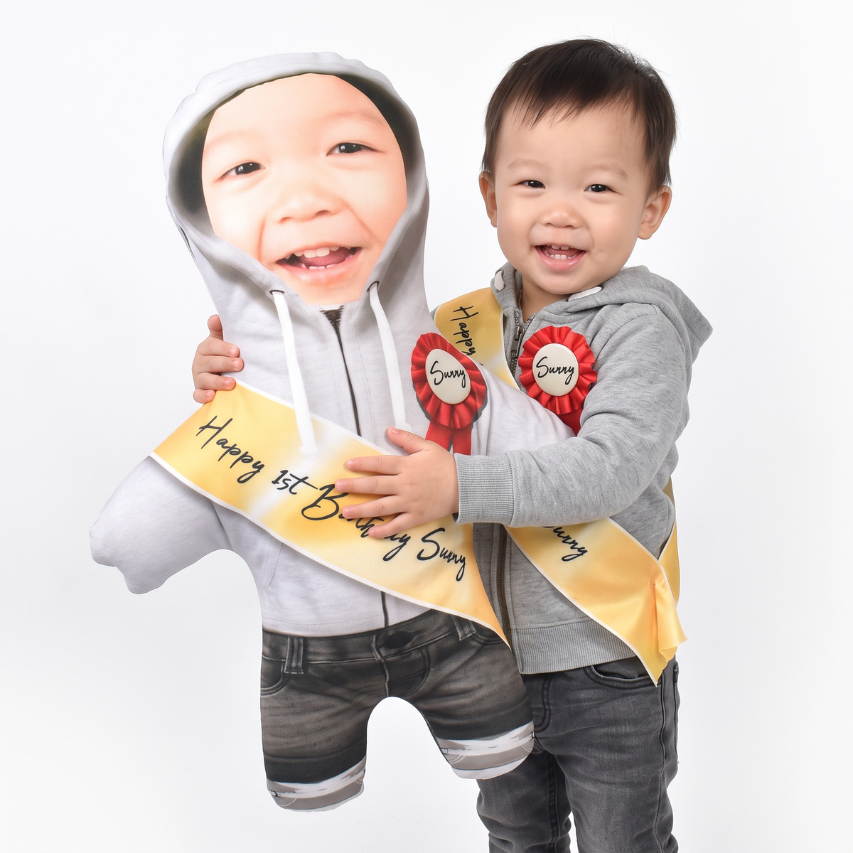Birthday Sash - Grey Hoodie - large 80cm Mini Me held by its owner