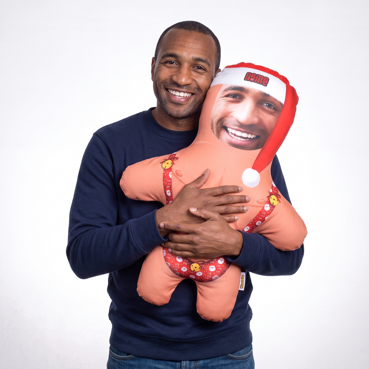 Christmas Mankini - Two Variants - large 80cm Mini Me held by its owner
