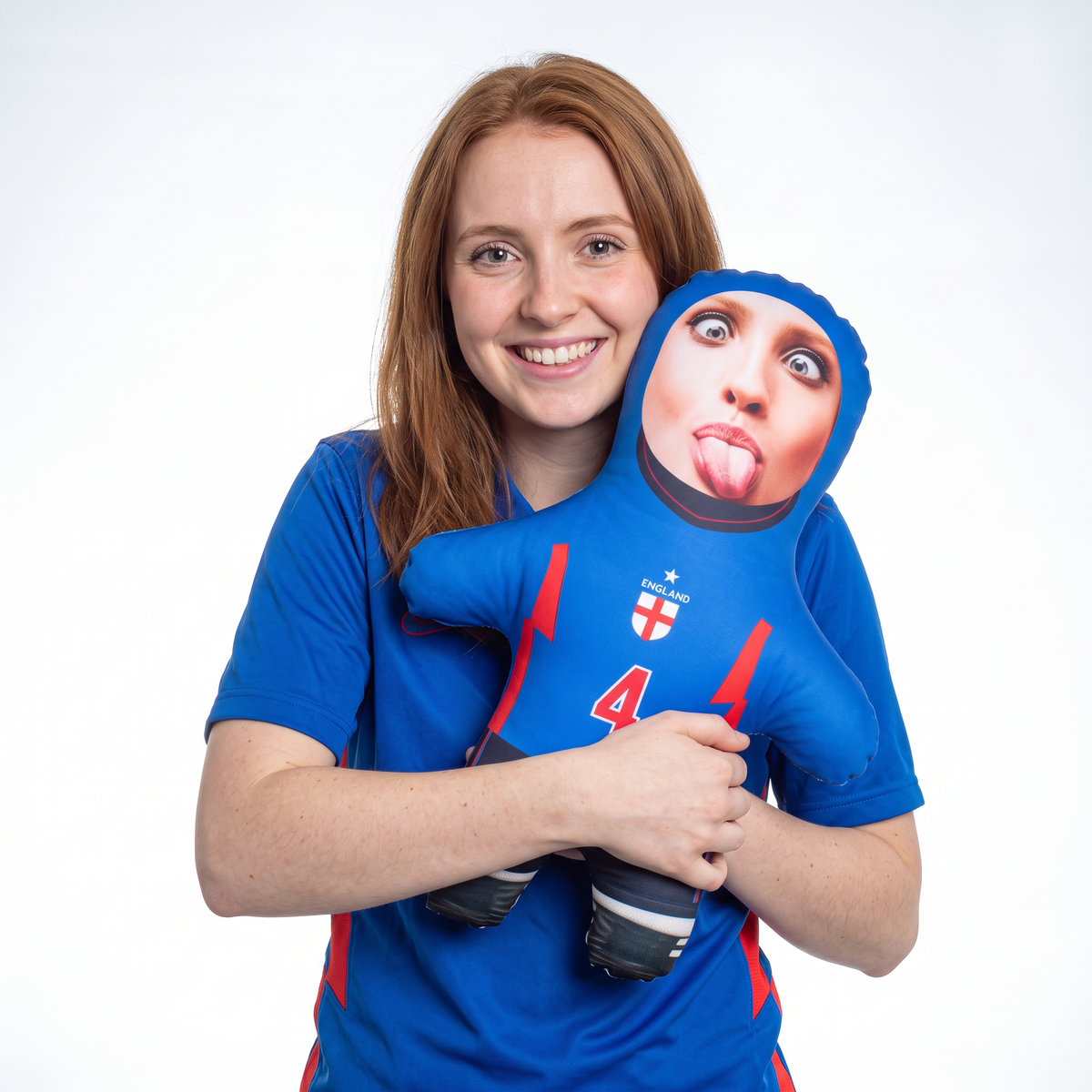 England Kit - Blue - Add Your Name And Number - medium 46cm Mini Me held by its owner