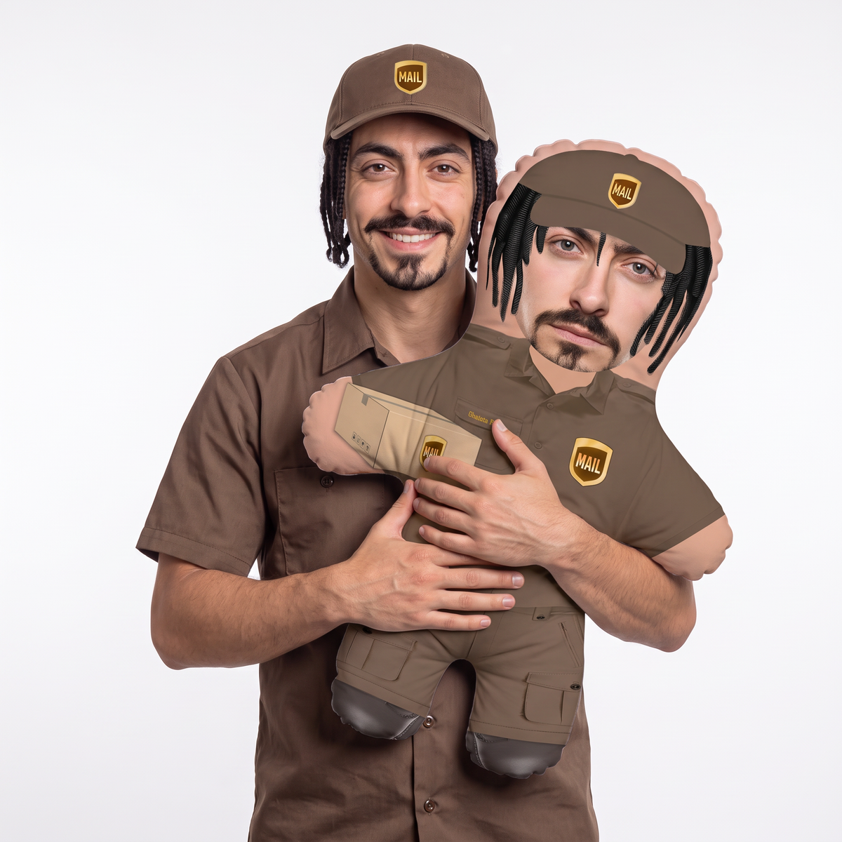 Delivery Worker - Brown - large 80cm Mini Me held by its owner