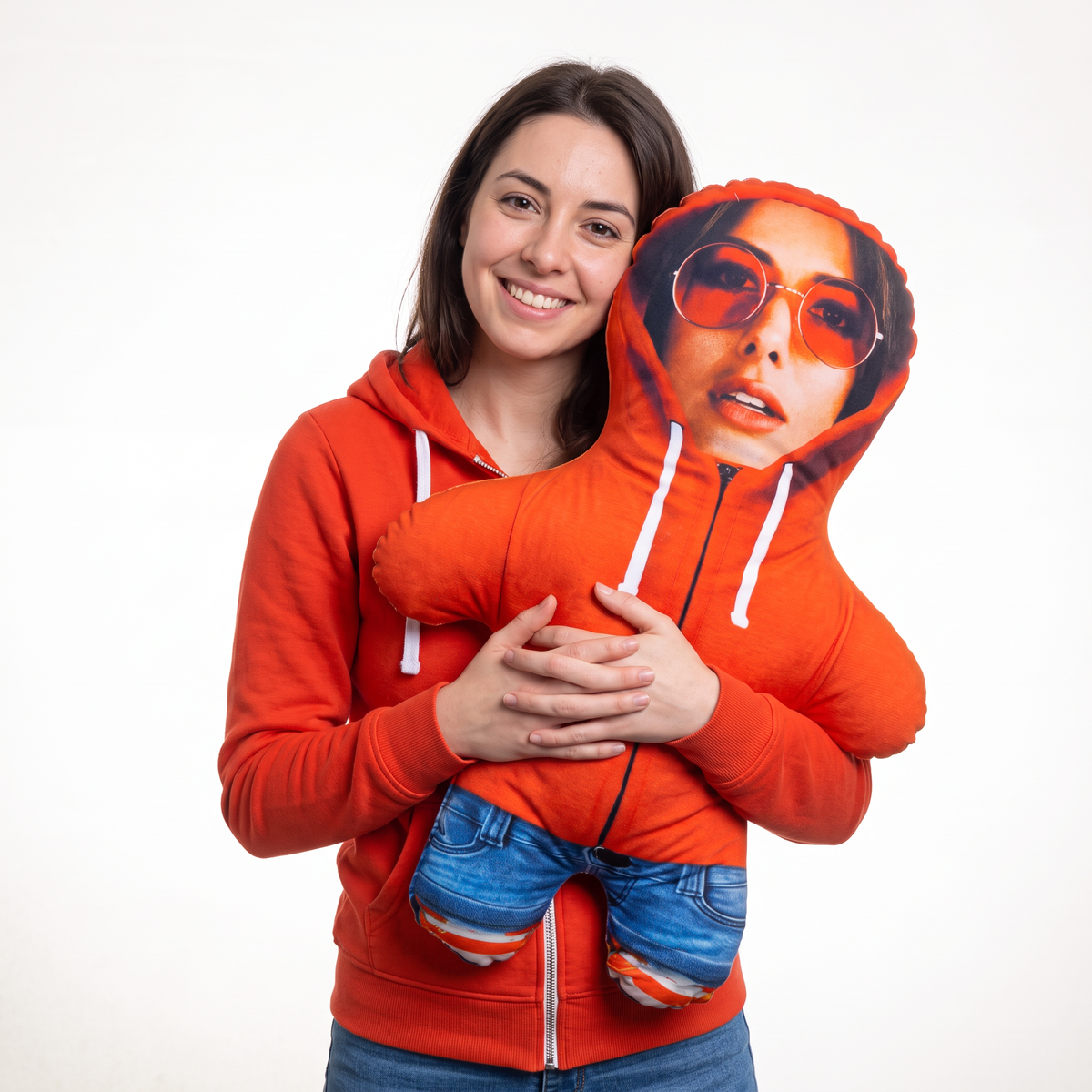 Orange Hoodie - large 80cm Mini Me held by its owner