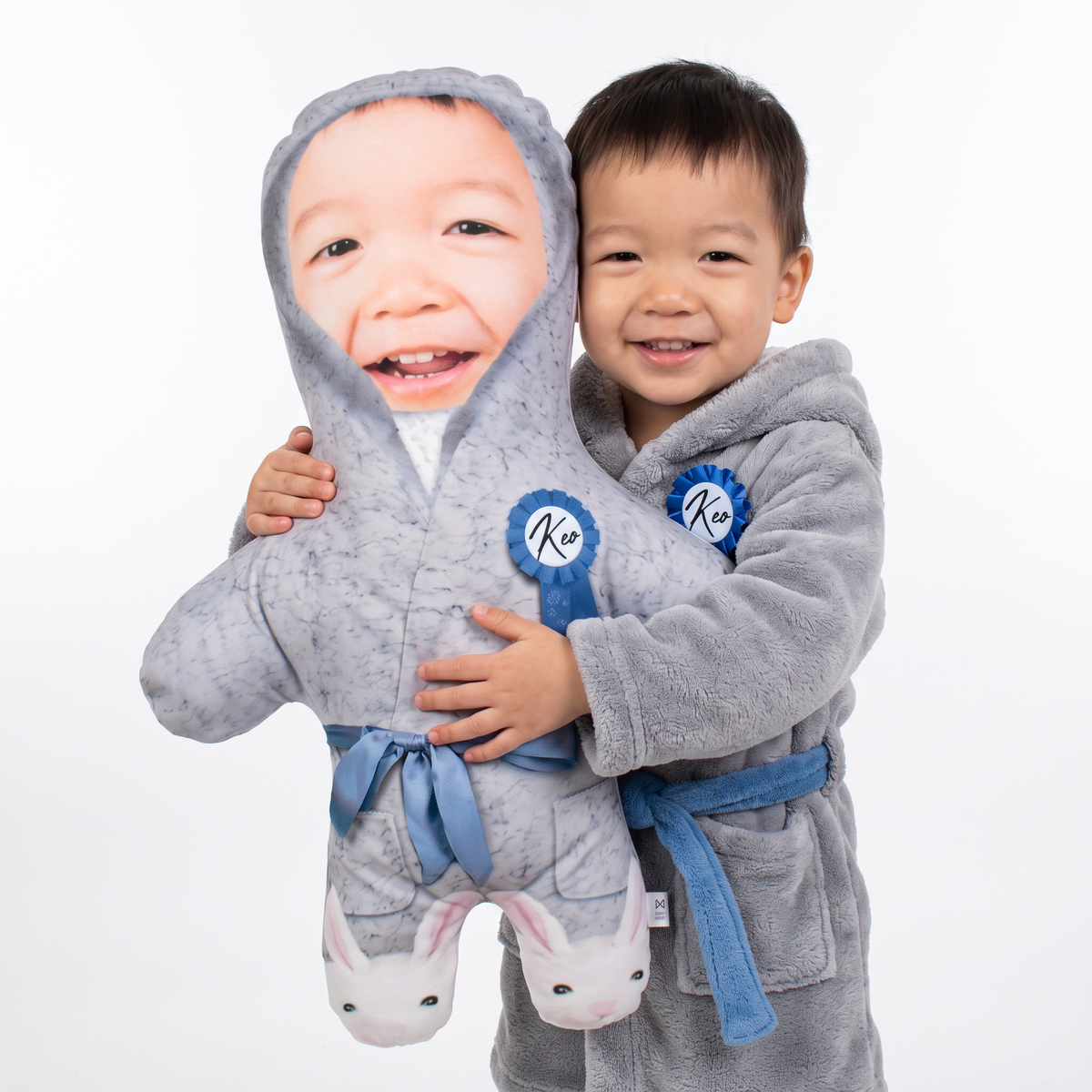 Fluffy Grey Dressing Gown - large 80cm Mini Me held by its owner