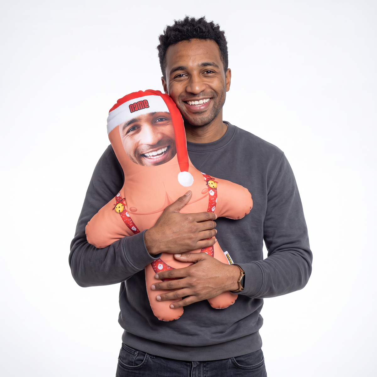 Christmas Mankini - Two Variants - medium 46cm Mini Me held by its owner