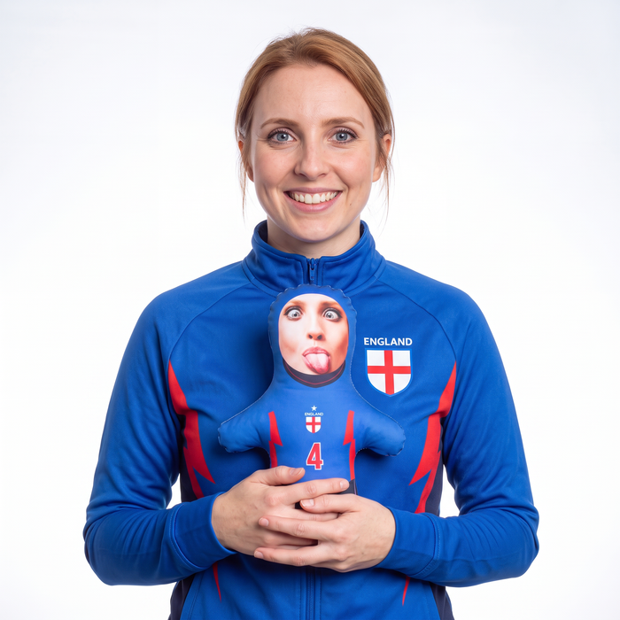 England Kit - Blue - Add Your Name And Number - small 26cm Mini Me held by its owner