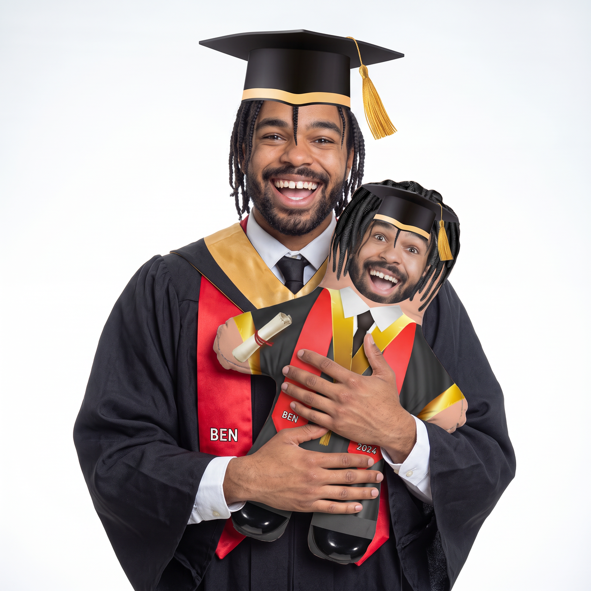 Graduation Gown - Custom Sash - medium 46cm Mini Me held by its owner