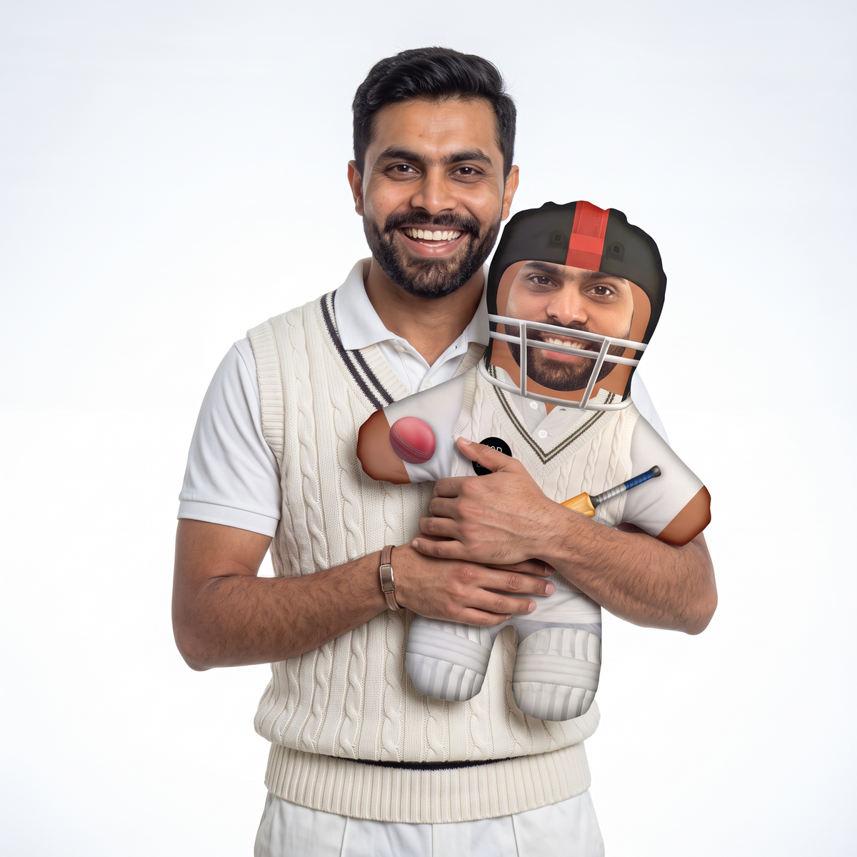 Cricket Player - Add Your Badge - medium 46cm Mini Me held by its owner