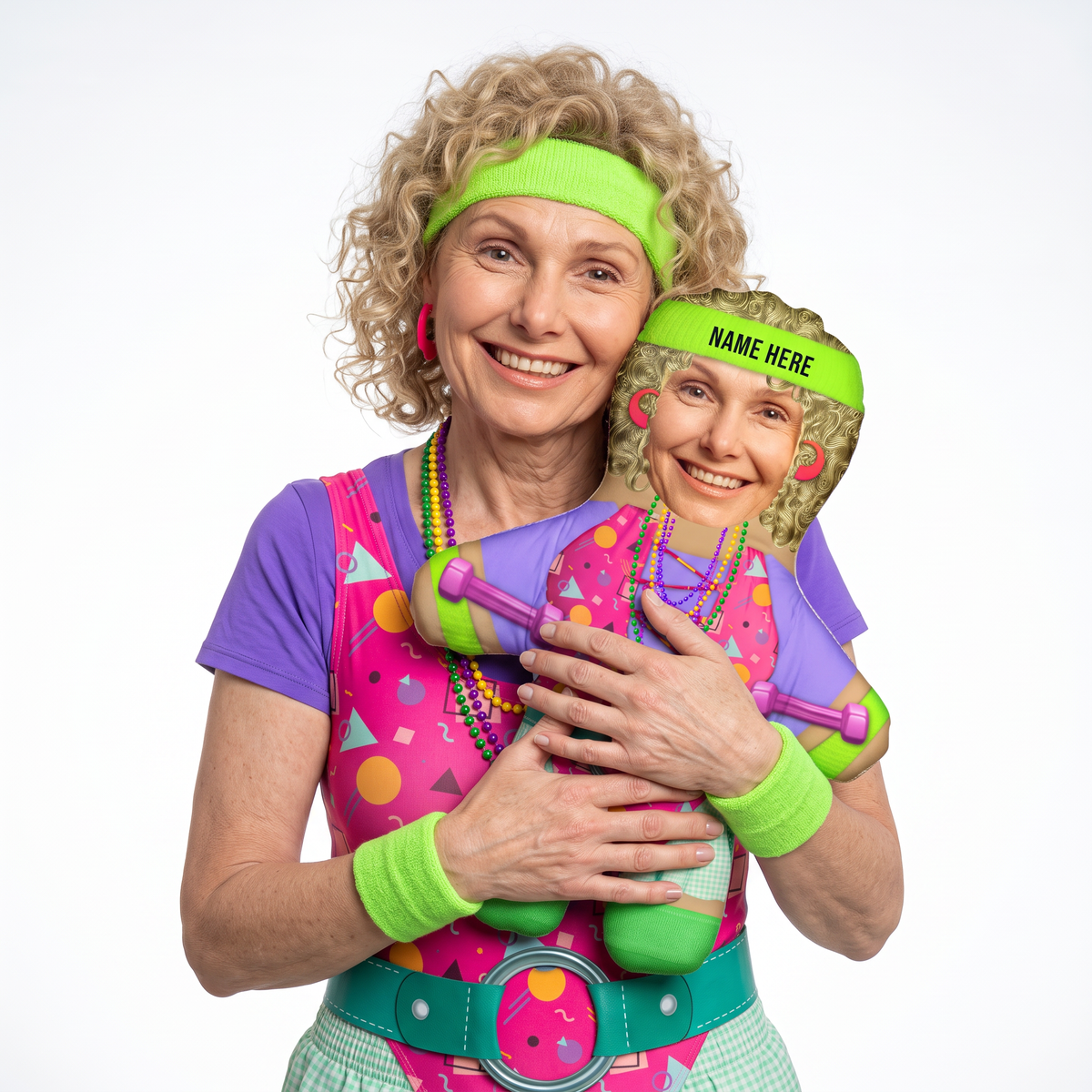 80s Gym Spandex Babe - medium 46cm Mini Me held by its owner