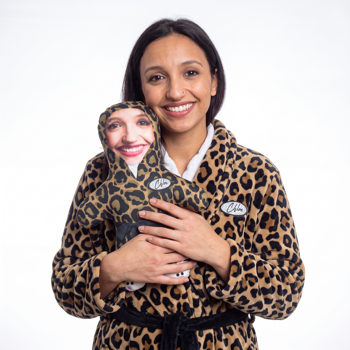 Fluffy Leopard Dressing Gown - small 26cm Mini Me held by its owner