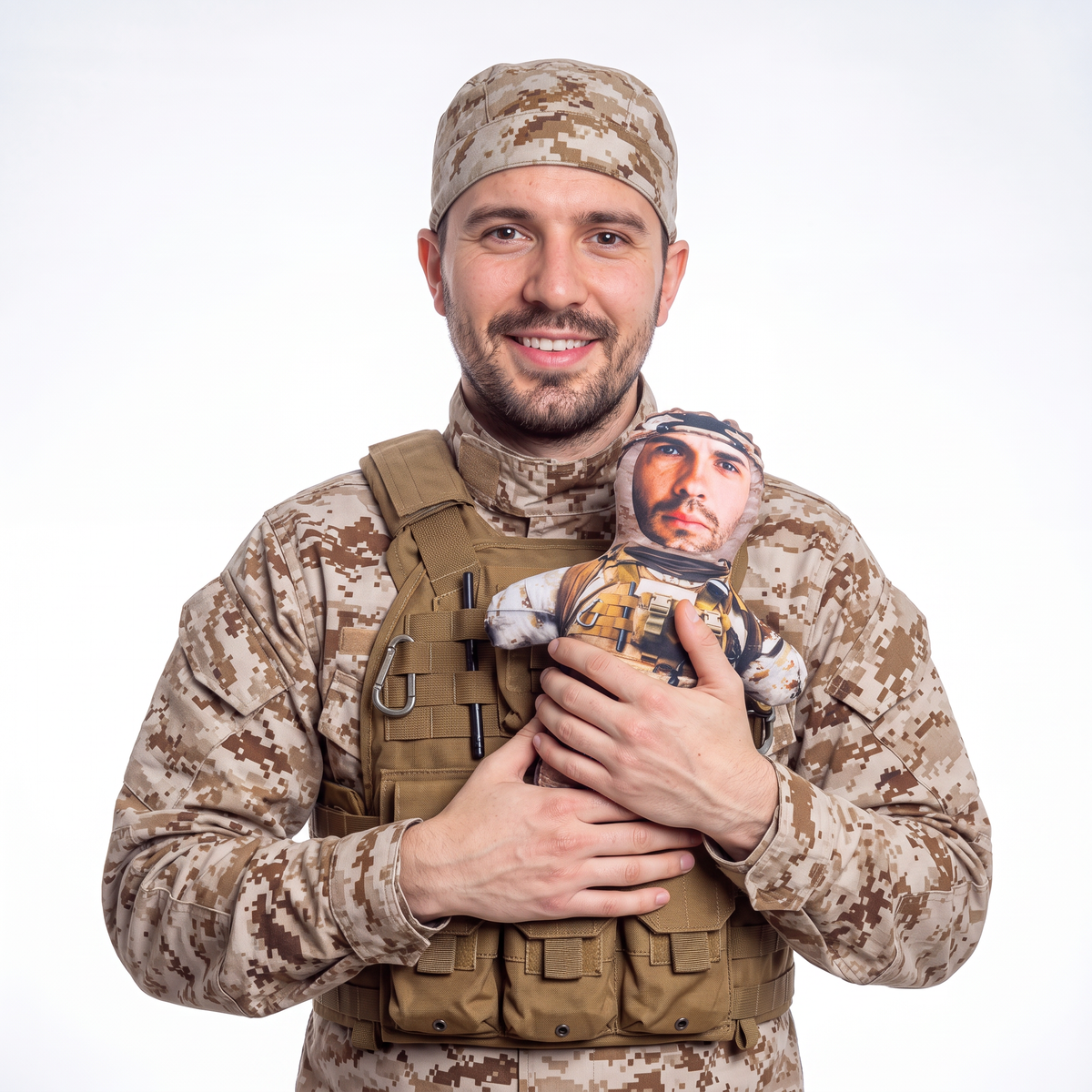 Army - Desert - small 26cm Mini Me held by its owner