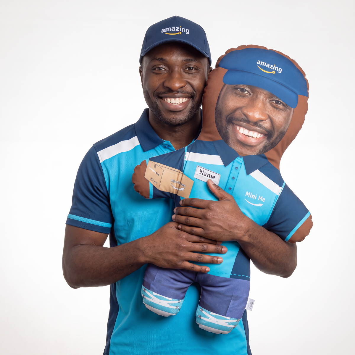 Delivery Worker - Blue - large 80cm Mini Me held by its owner