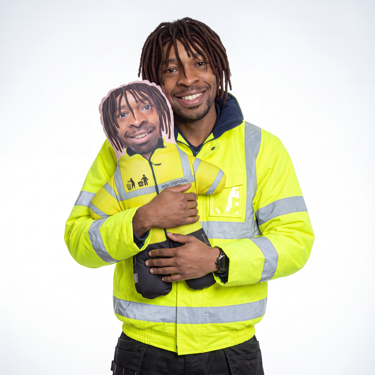Disposal Bin Worker - medium 46cm Mini Me held by its owner