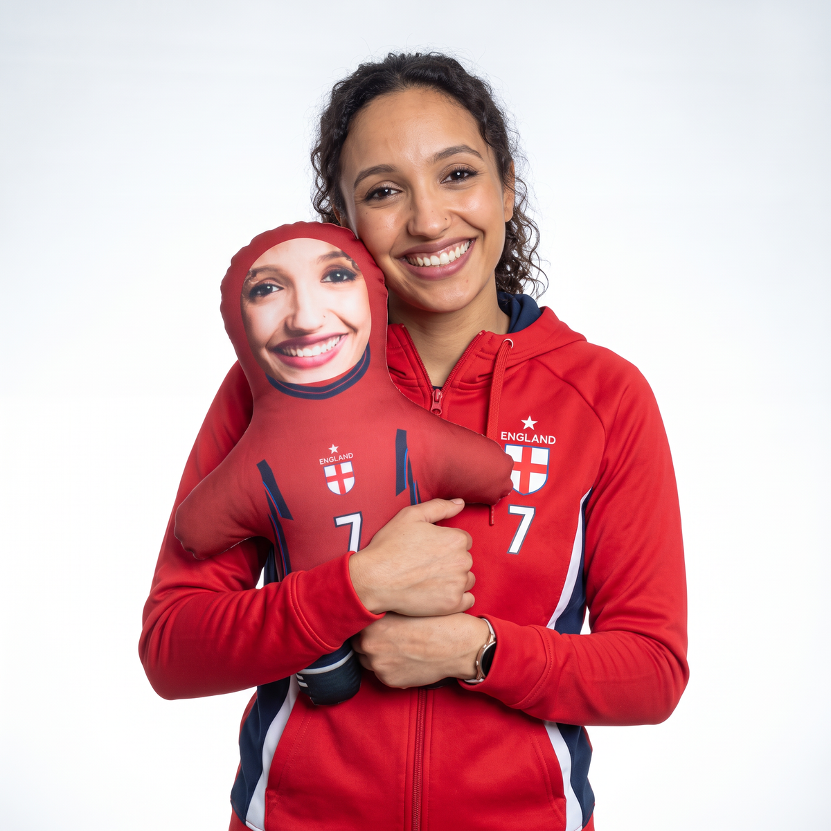 England Kit - Red - Add Your Name And Number - medium 46cm Mini Me held by its owner