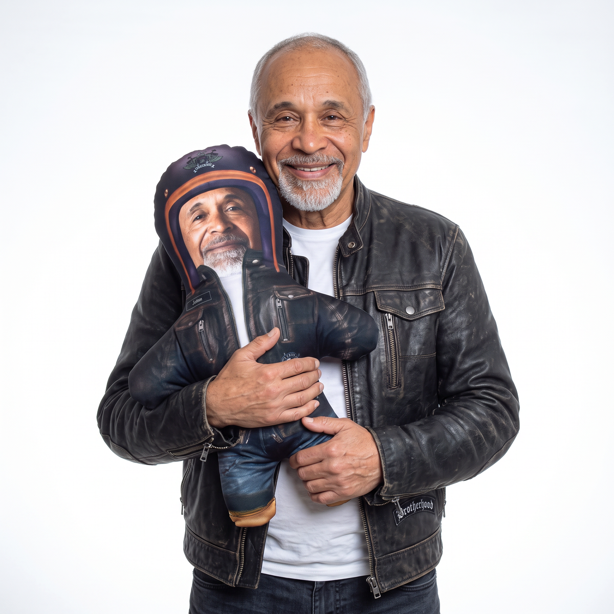 Biker - medium 46cm Mini Me held by its owner
