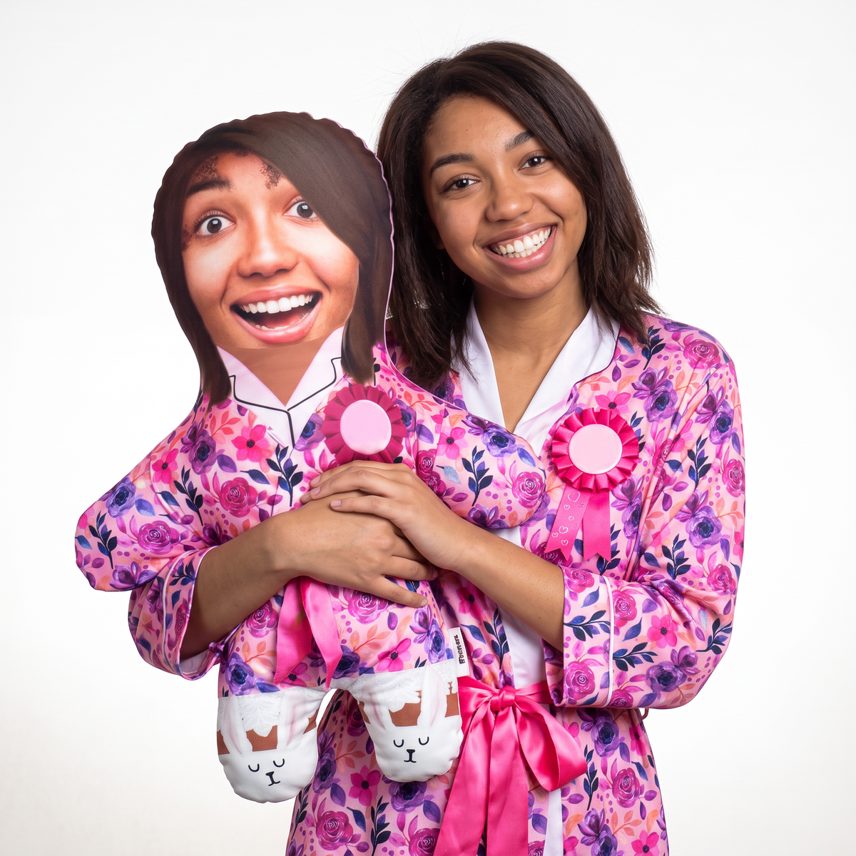 Floral Dressing Gown - Custom Skin Tone and Hair - large 80cm Mini Me held by its owner