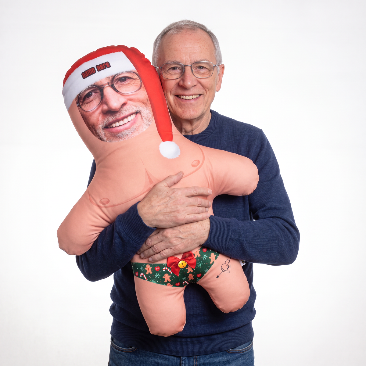 Christmas Undies - Two Variants - large 80cm Mini Me held by its owner