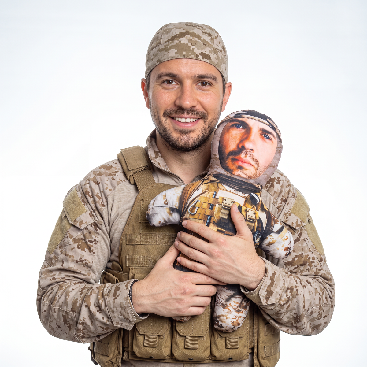 Army - Desert - medium 46cm Mini Me held by its owner