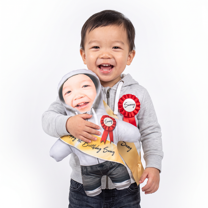 Birthday Sash - Grey Hoodie - small 26cm Mini Me held by its owner