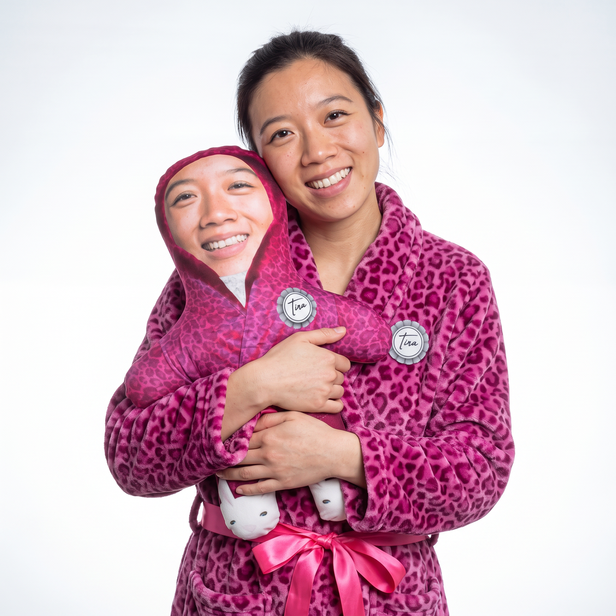 Fluffy Pink Dressing Gown - medium 46cm Mini Me held by its owner