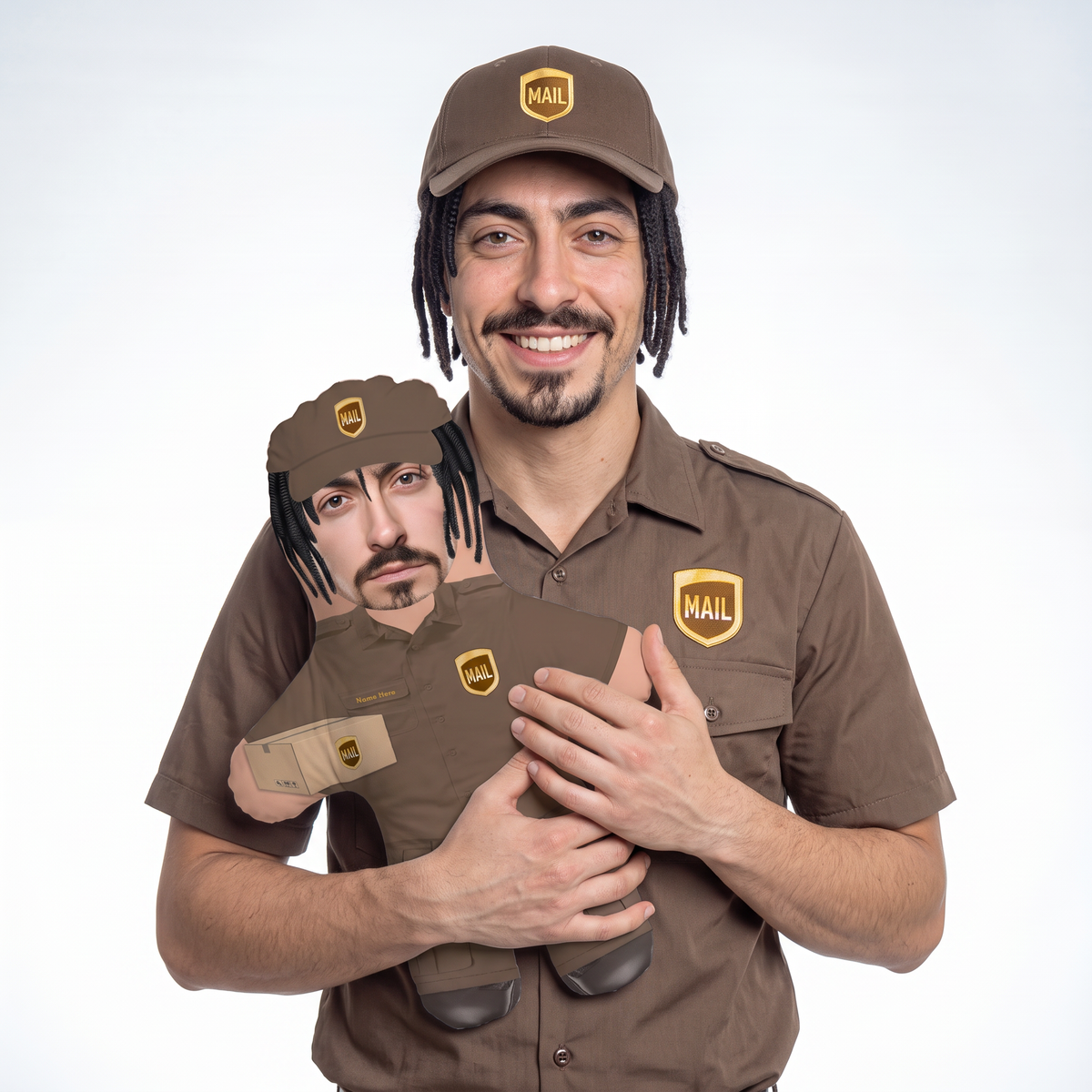 Delivery Worker - Brown - medium 46cm Mini Me held by its owner