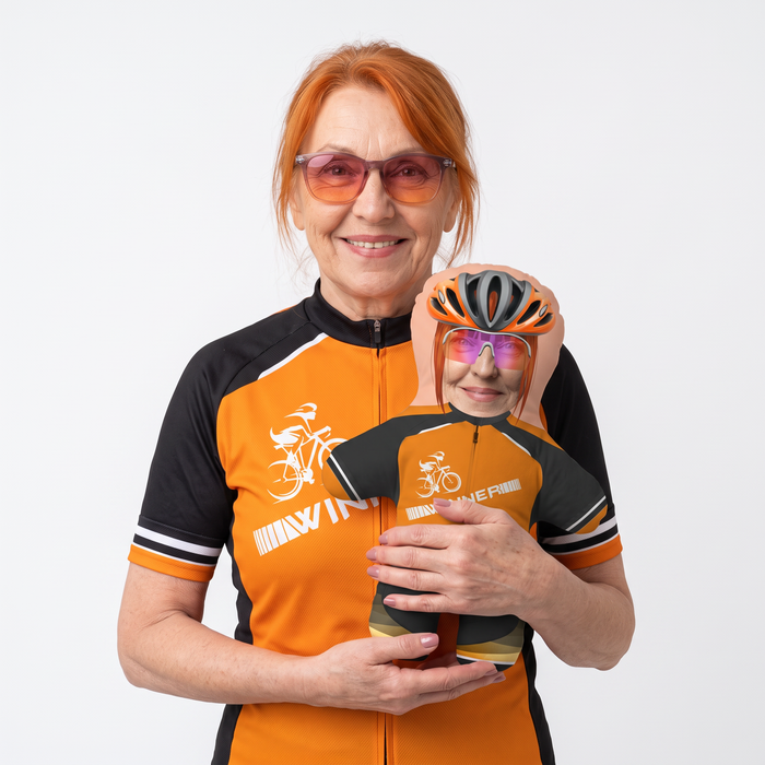 Cyclist - Winner - small 26cm Mini Me held by its owner