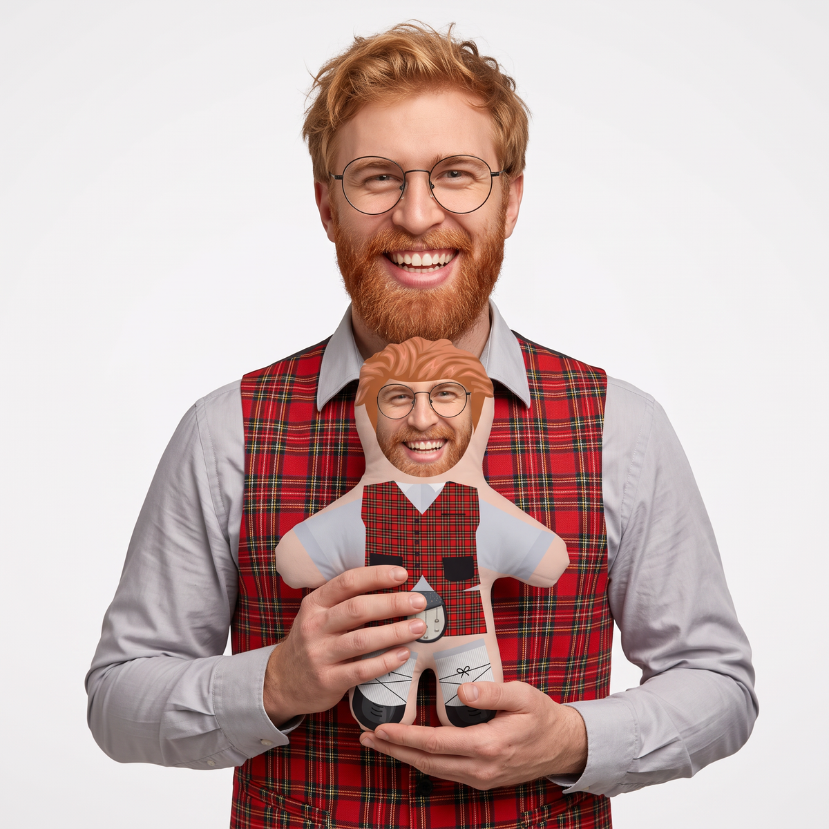 Tartan Outfit - small 26cm Mini Me held by its owner