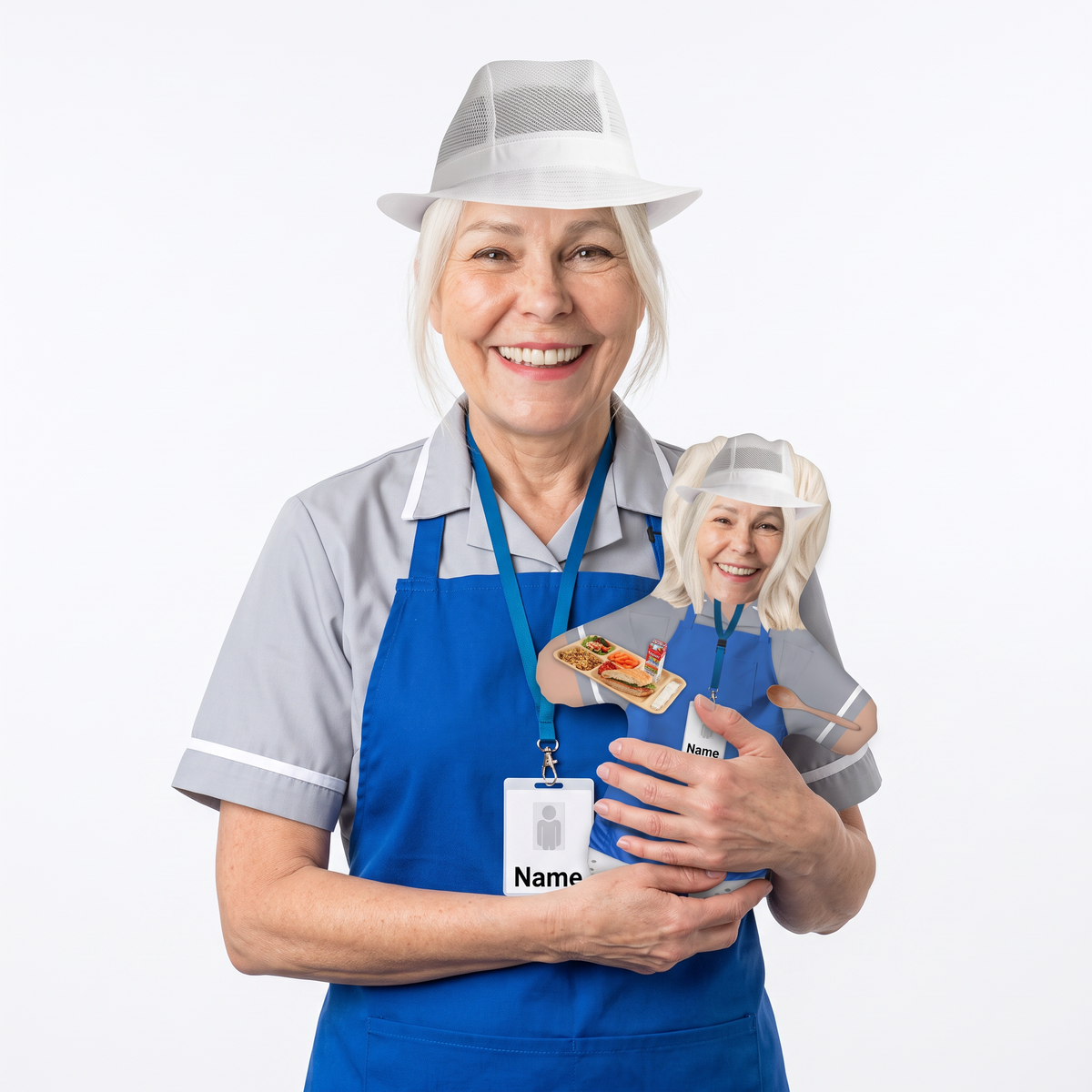 Dinner Lady Or Man - small 26cm Mini Me held by its owner