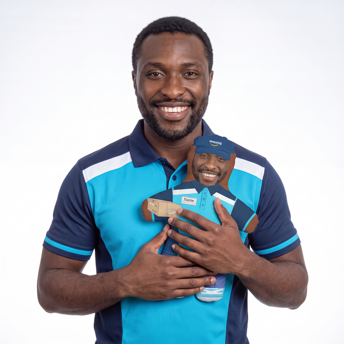 Delivery Worker - Blue - small 26cm Mini Me held by its owner