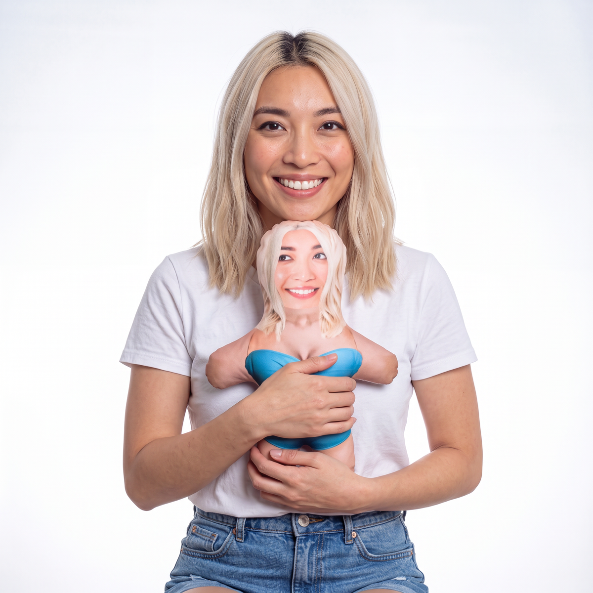 Bikini Real - Blue - 4 Variations - small 26cm Mini Me held by its owner
