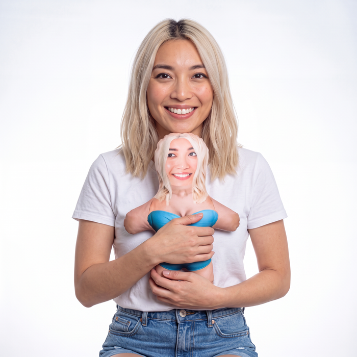 Bikini Real - Blue - 4 Variations - small 26cm Mini Me held by its owner