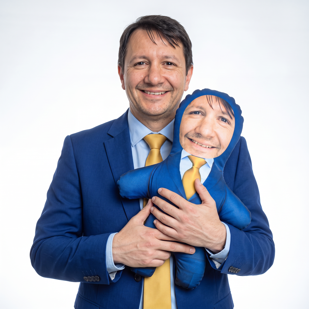 Blue Suit Gold Tie - medium 46cm Mini Me held by its owner